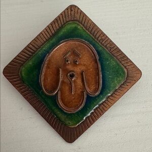 Artisan Made Copper Brooch with Dog Green and Brown